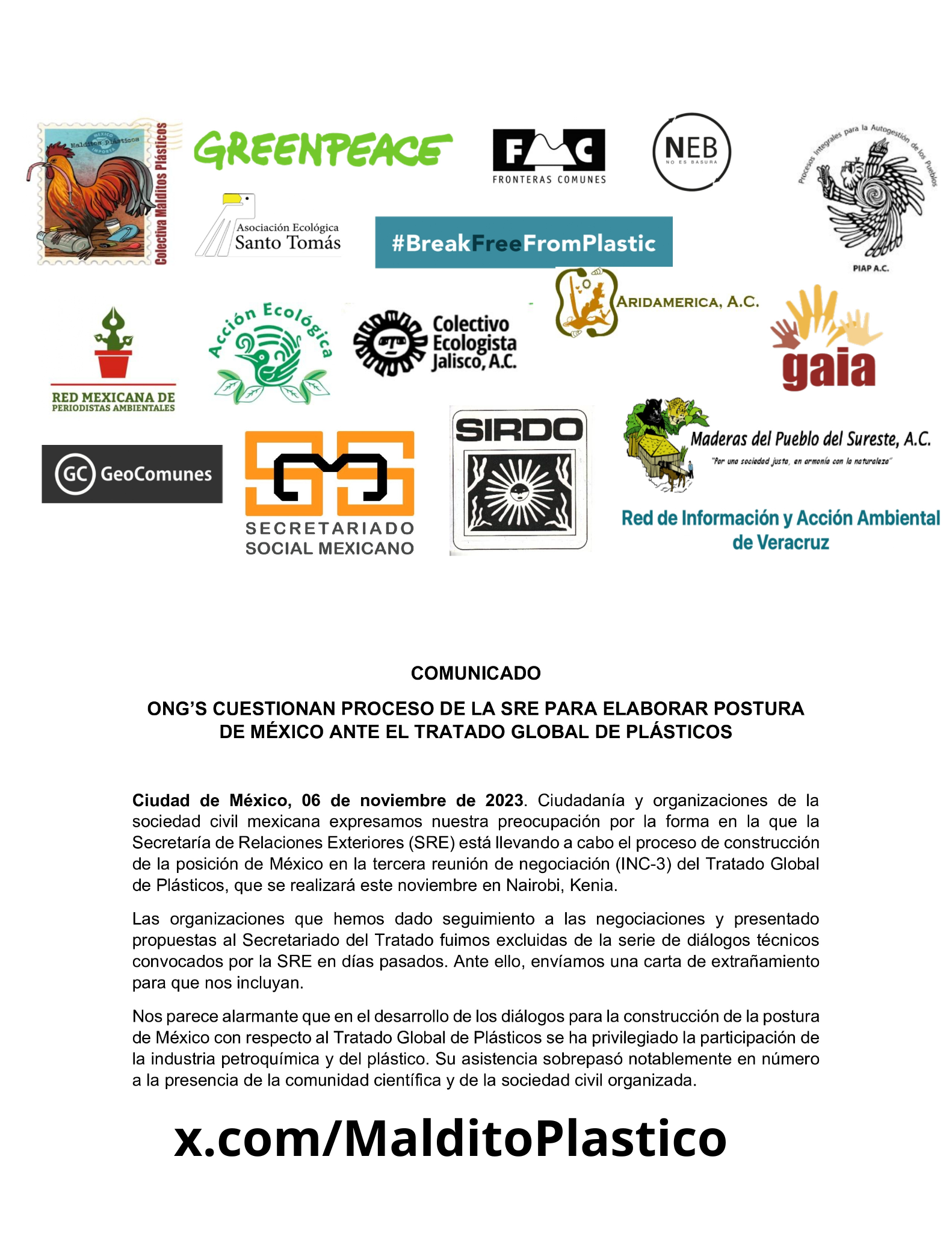 ONG’s cuestionan proceso de elaborarciòn de postura de México ante el #TratadoGlobal de #plásticos